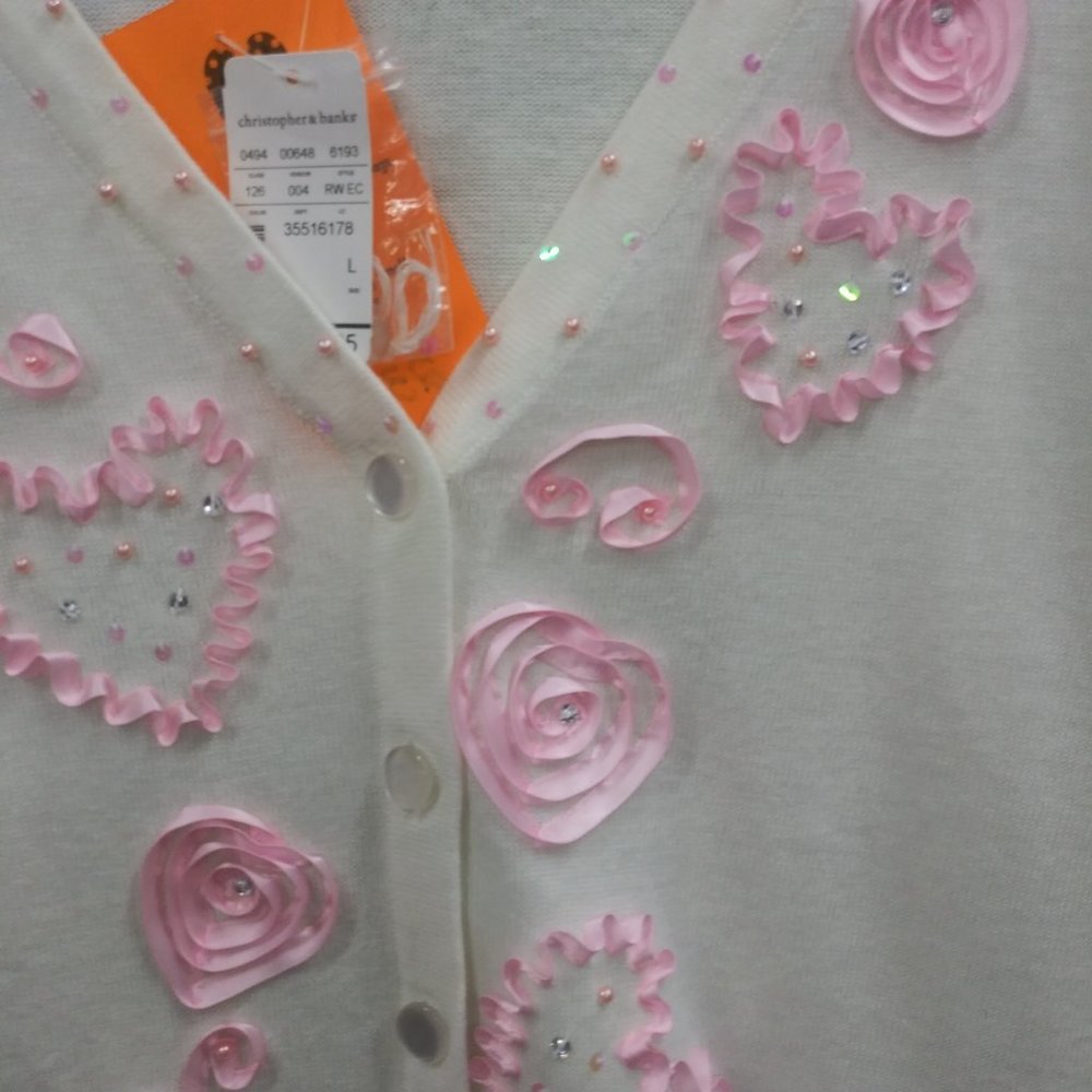 2300 Size Large Christopher Banks Embellished Pink and White Button Up Sweater - Picture 2 of 5